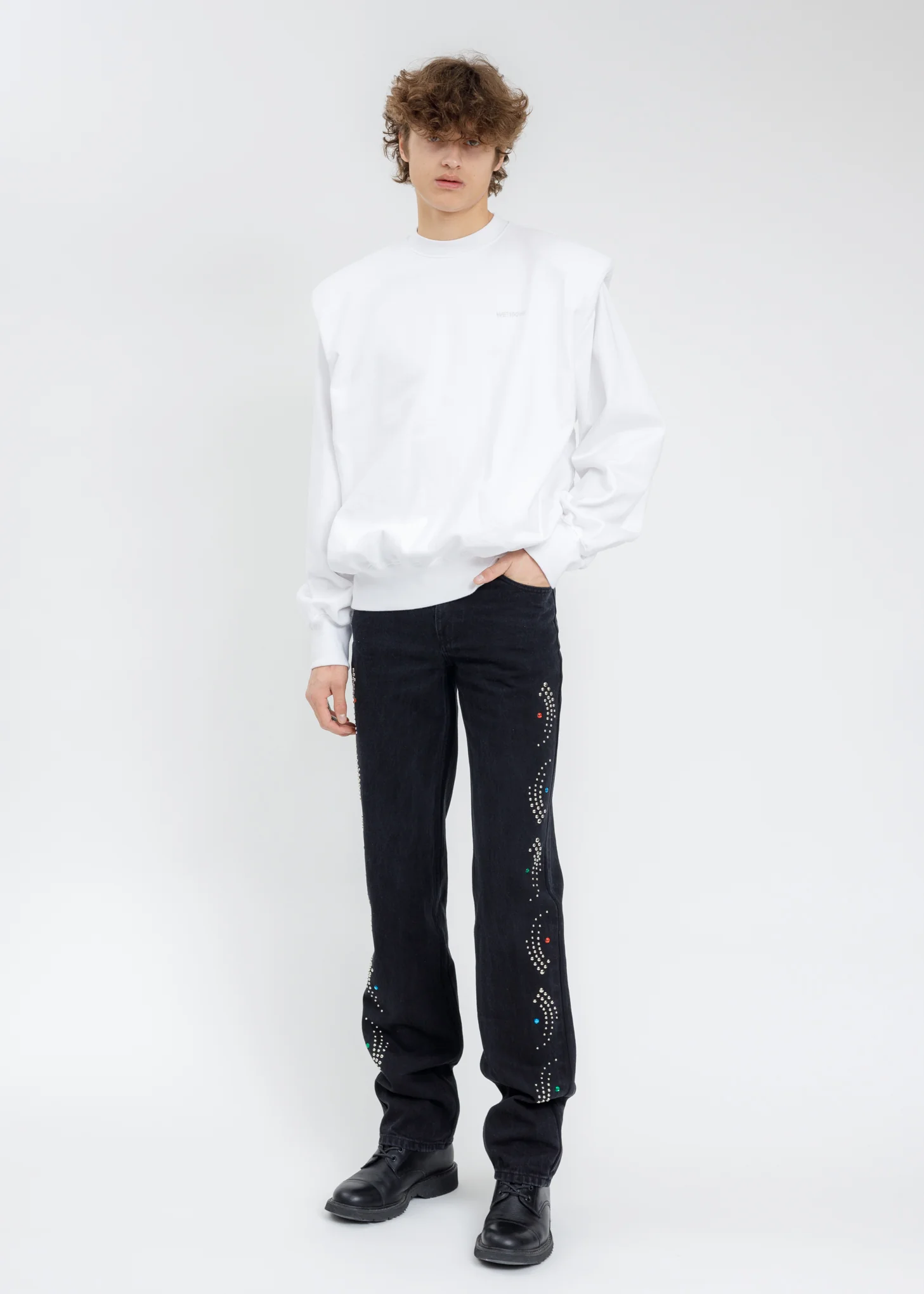 White Shoulder Padded Crystal Logo Sweatshirt - Image 5