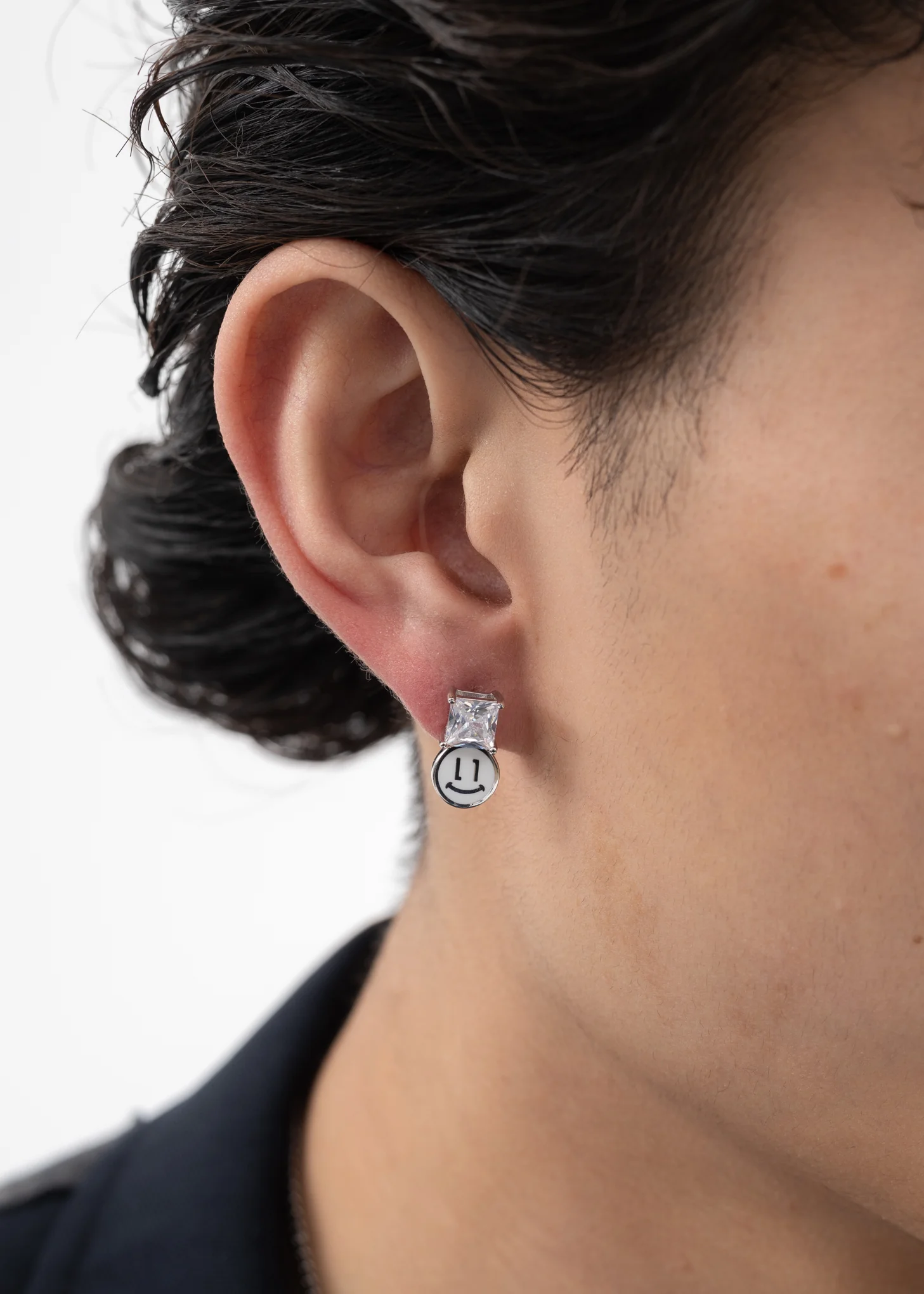 White Smiley Face And Rhinestone Earring - Single - Image 3