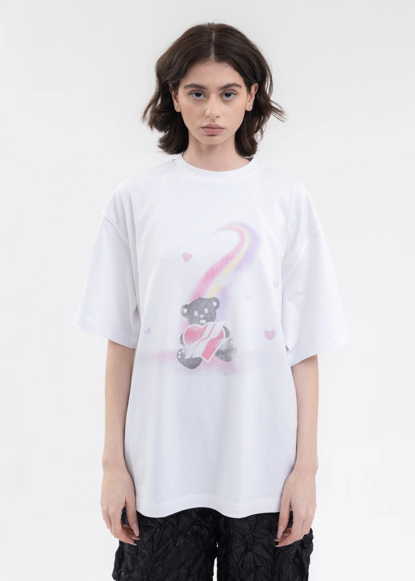 WHITE TEDDY BEAR PRINT T-SHIRT