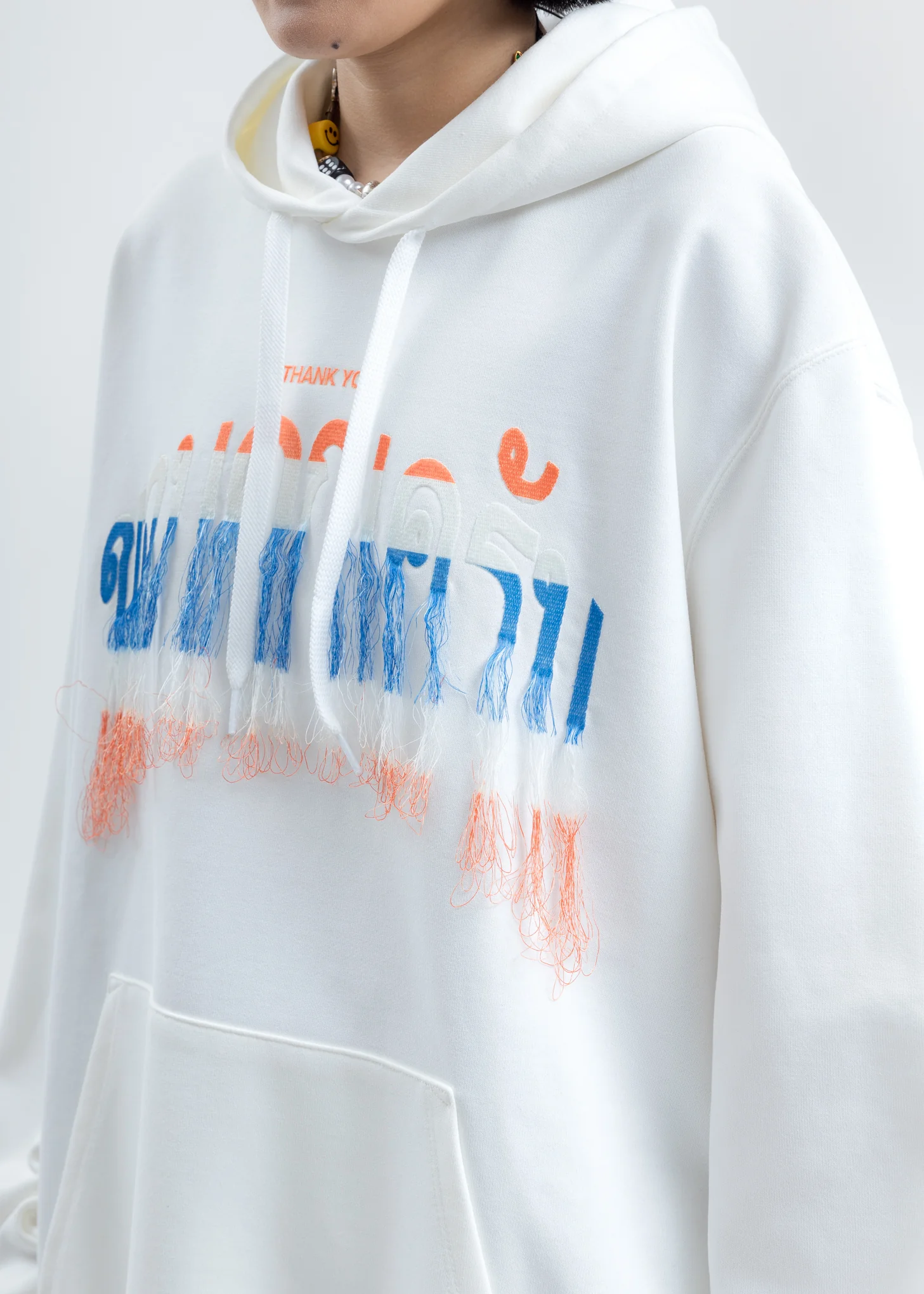 White Thank You Fringe Embroidery Hoodie - Image 2