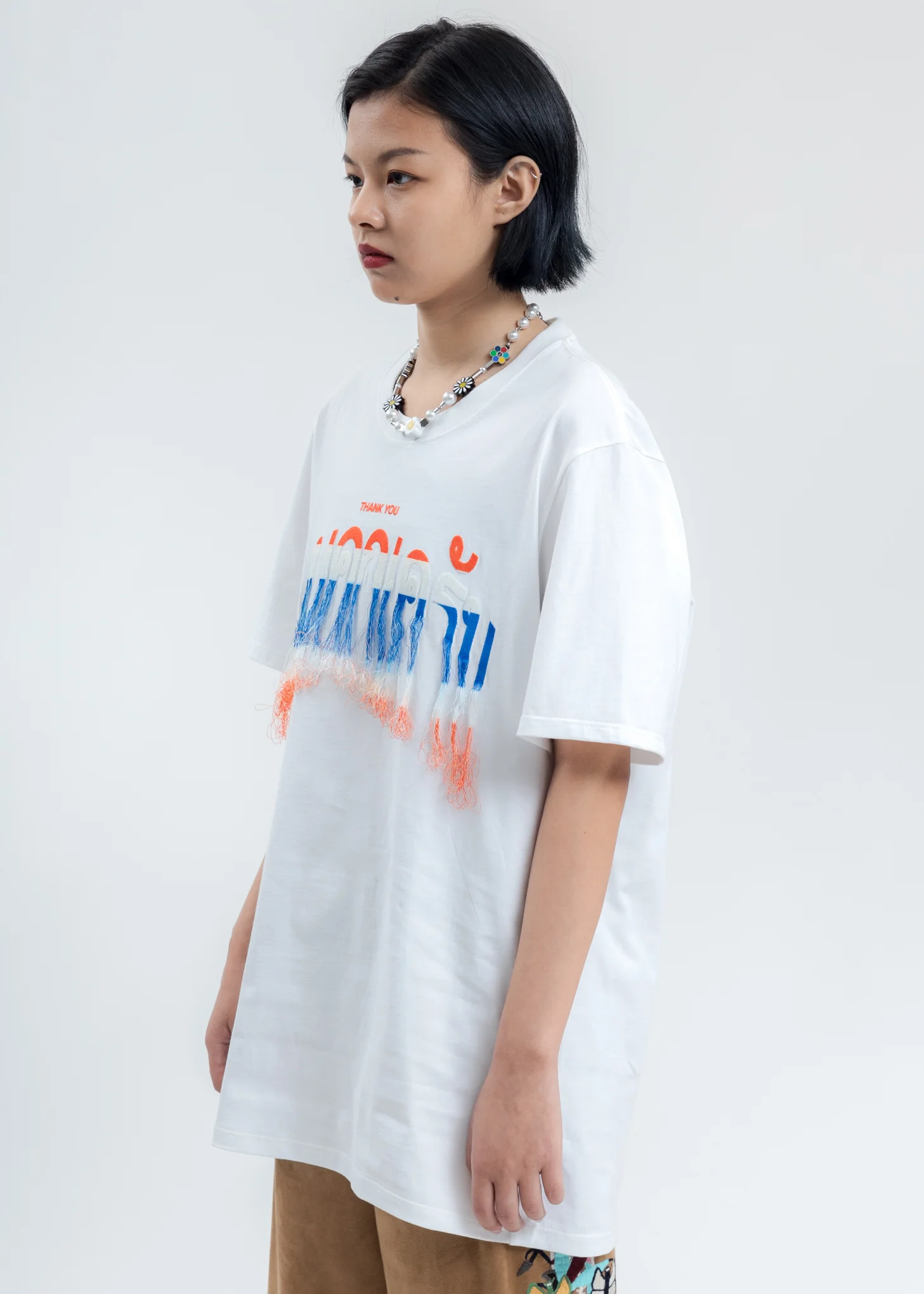 White Thank You Fringe Embroidery T-Shirt - Image 3