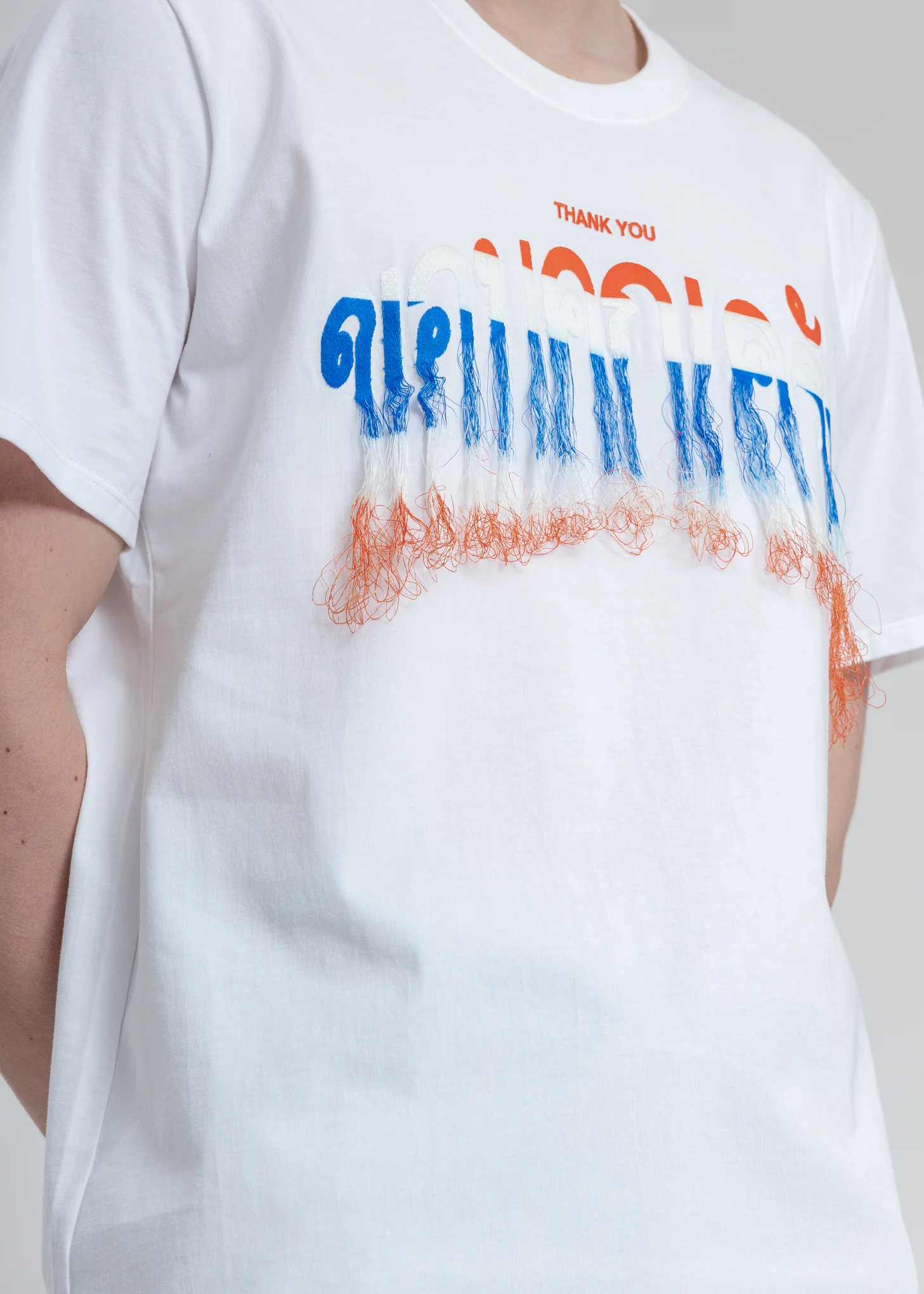 White Thank You Fringe Embroidery T-Shirt - Image 2