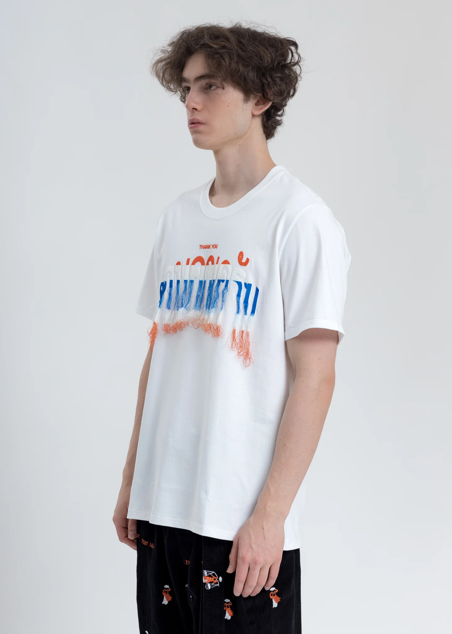 White Thank You Fringe Embroidery T-Shirt - Image 3