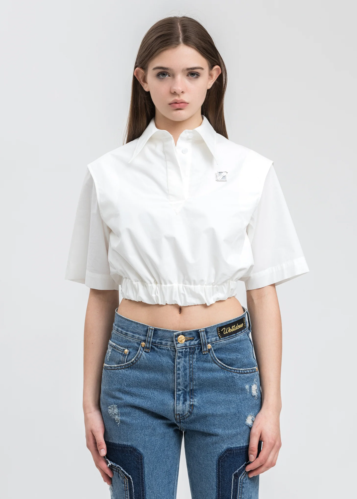 White Elastic Waistband Cropped Shirt