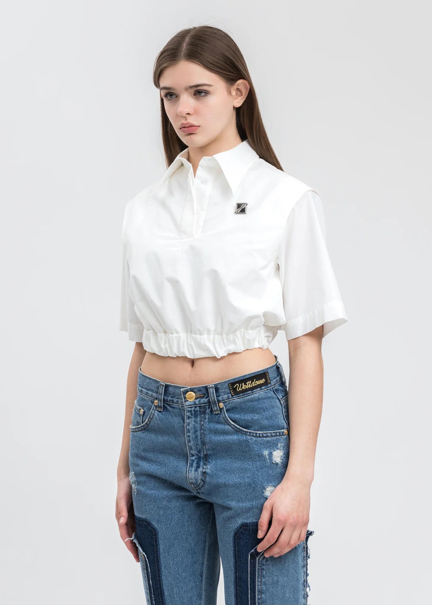 White Elastic Waistband Cropped Shirt - Image 2
