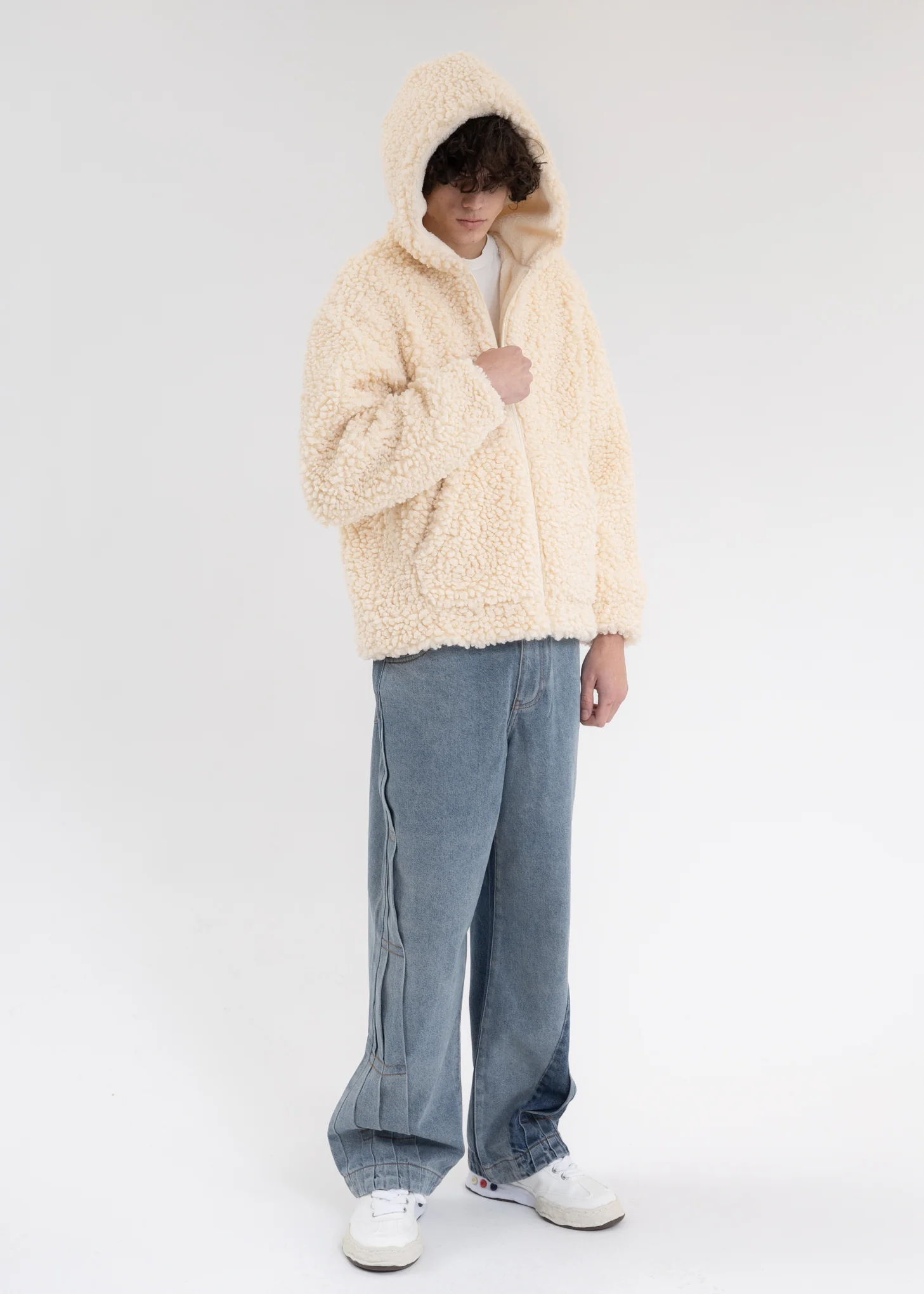 Winter White Faux Shearling Zip Hooded Jacket - Image 6