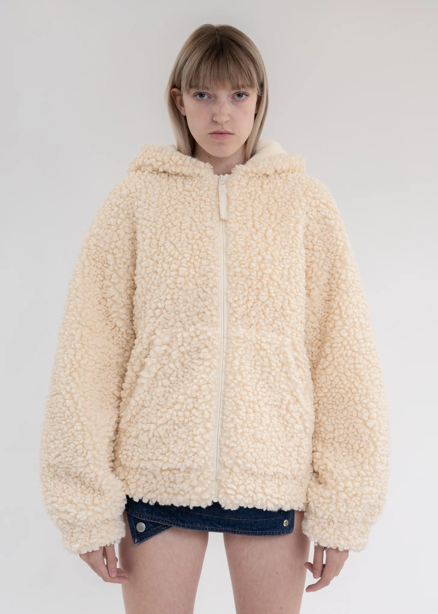 Winter White Faux Shearling Zip Hooded Jacket