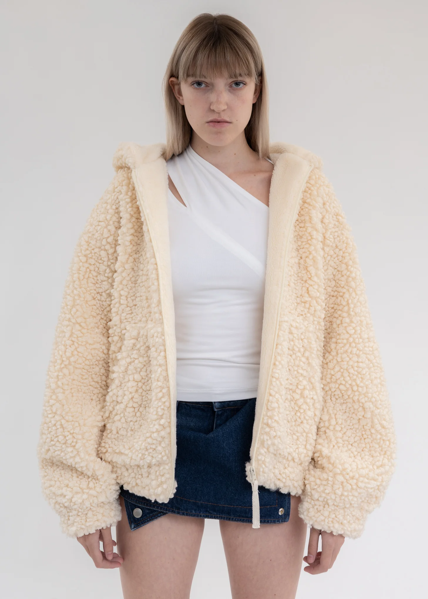 Winter White Faux Shearling Zip Hooded Jacket - Image 5