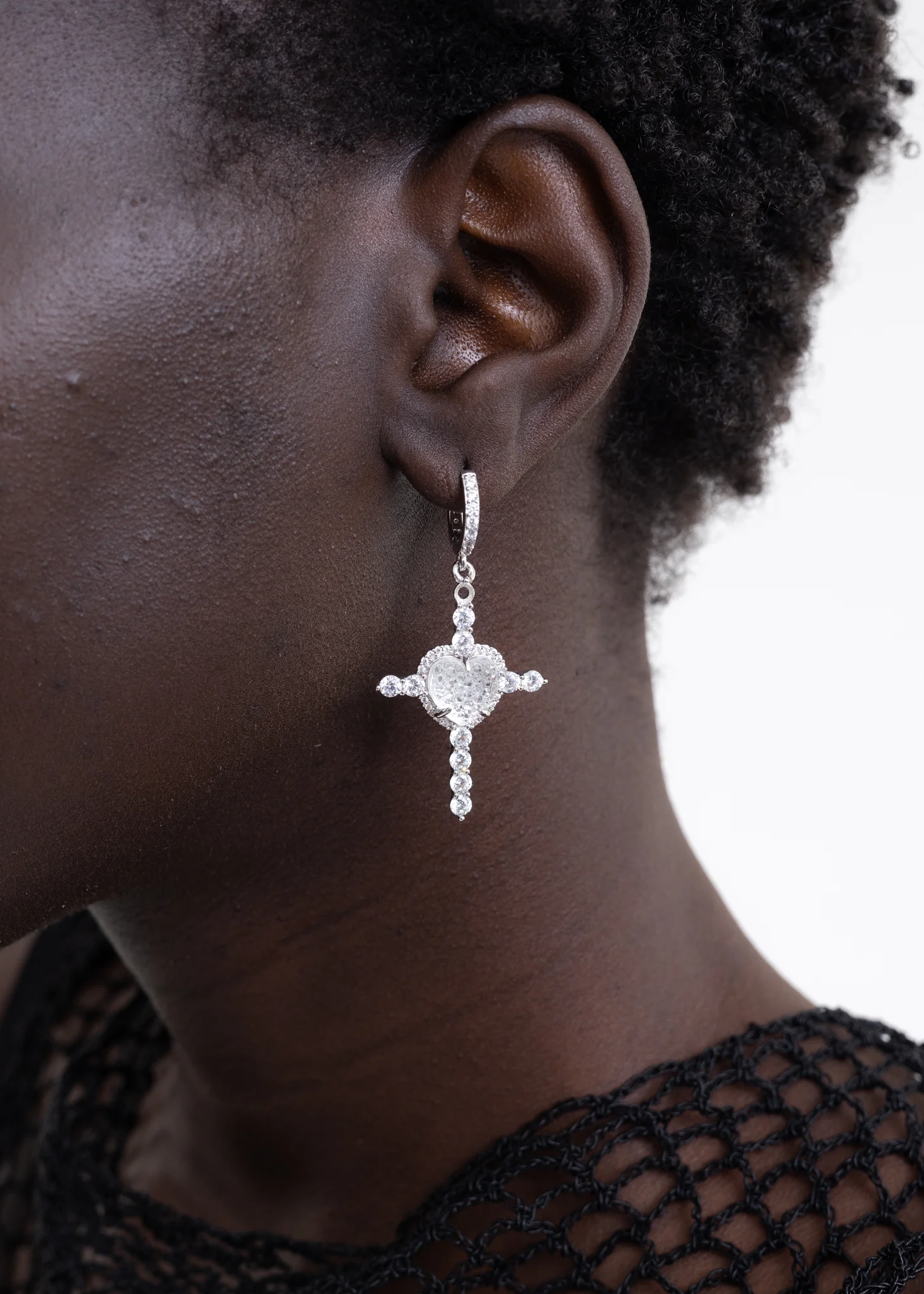 White Heart and Rhinestone Cross Earring - Single - Image 3