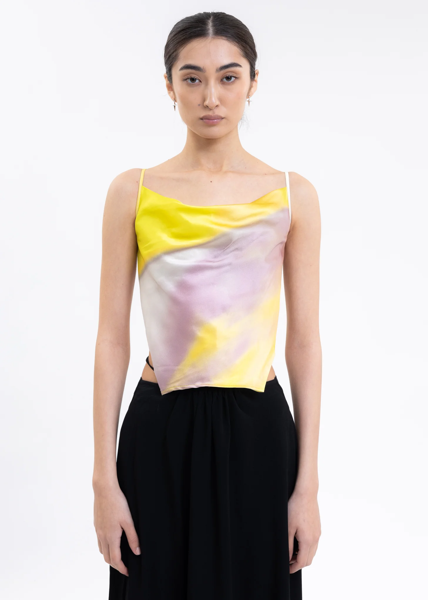 Yellow And Grey Printed Halter Silk Top