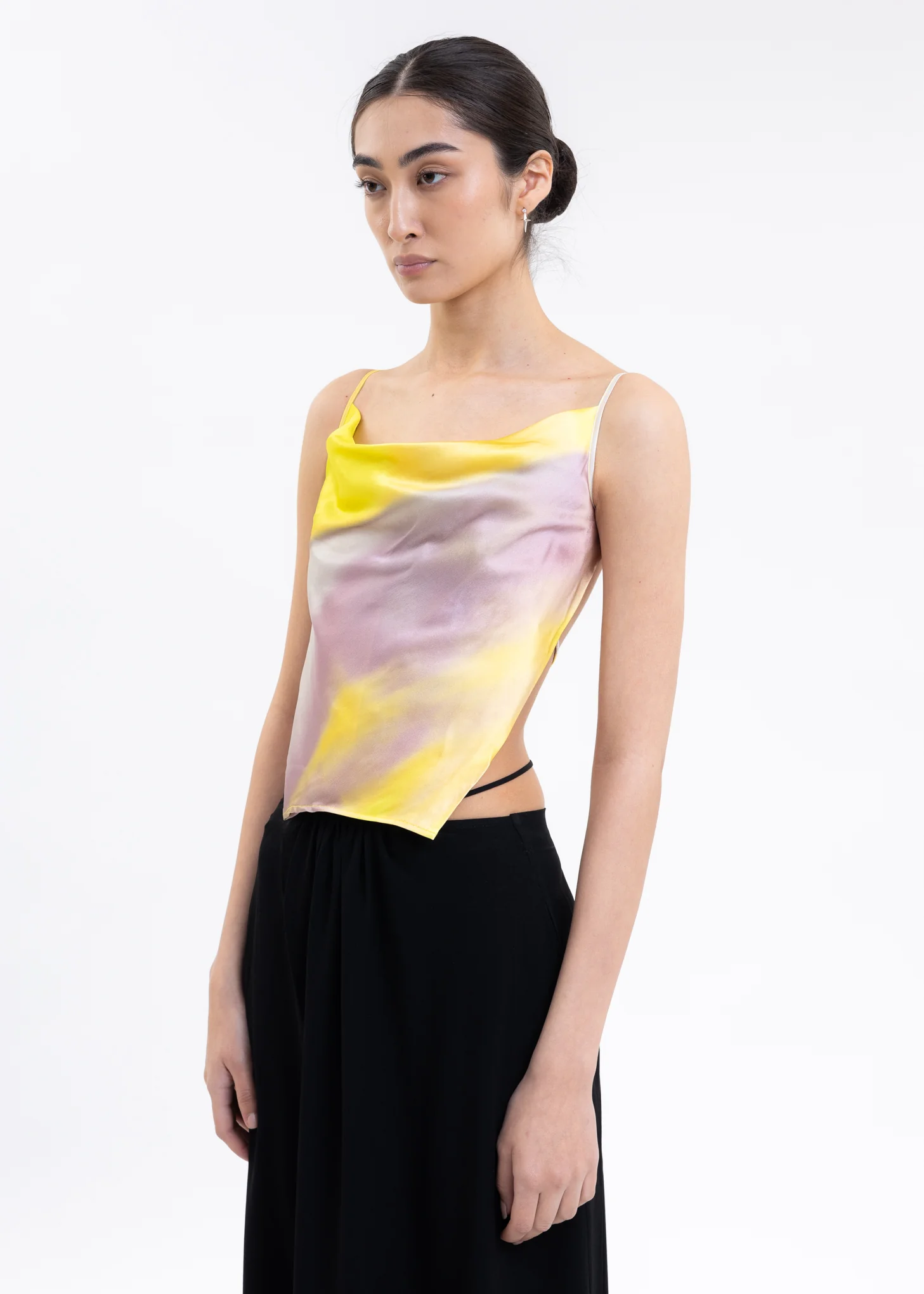 Yellow And Grey Printed Halter Silk Top - Image 3