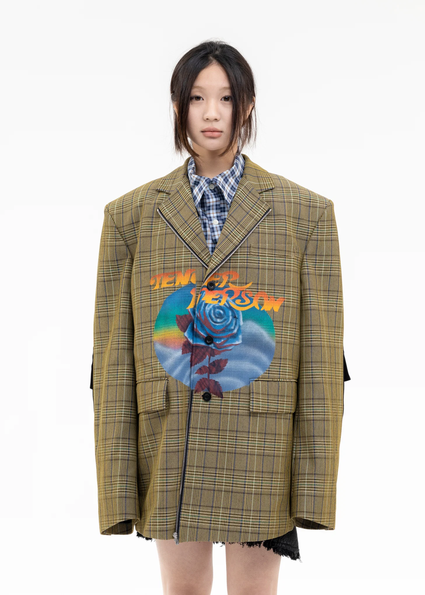 YELLOW CHECK ROSE AIRBRUSH TAILORED JACKET