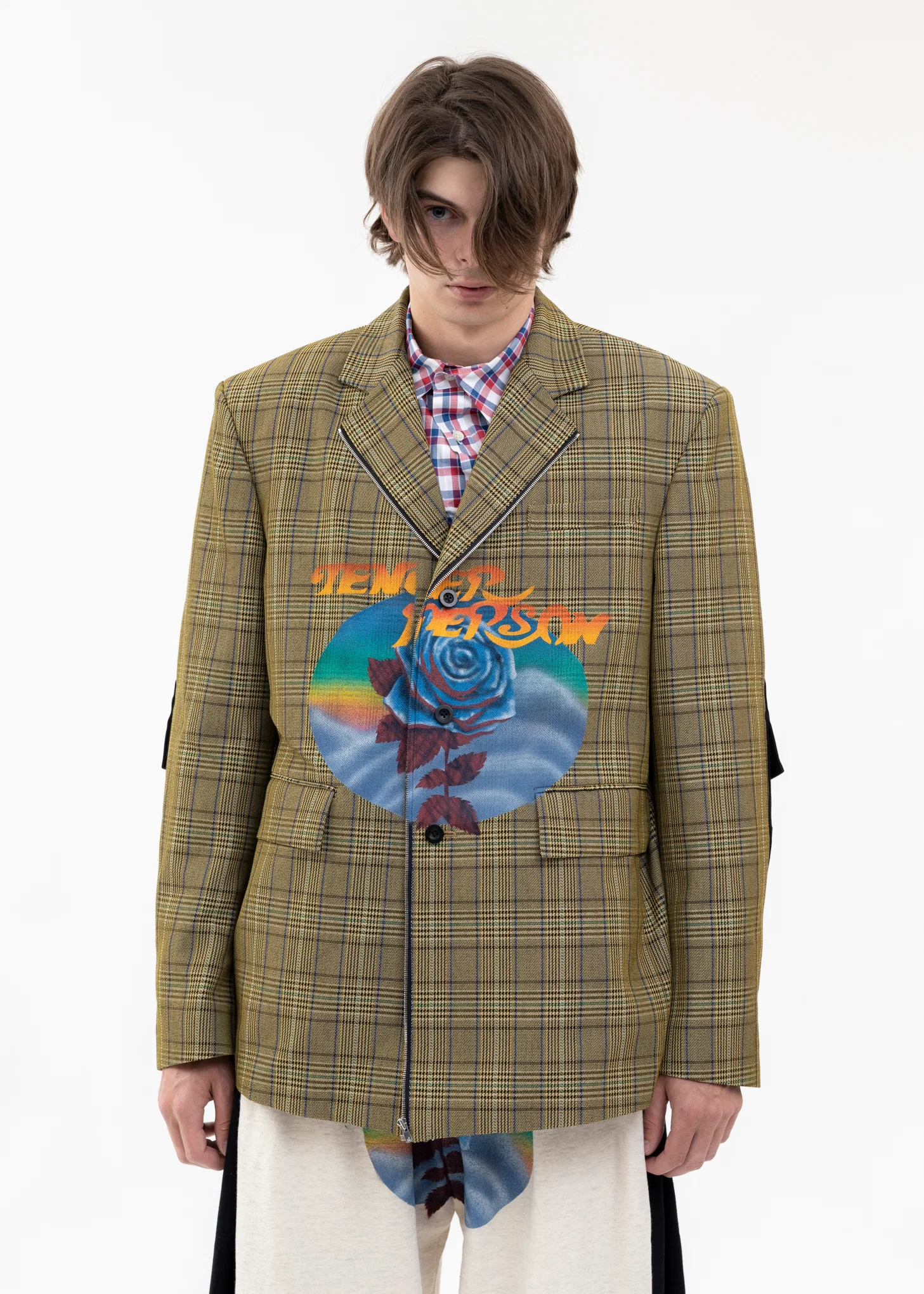 YELLOW CHECK ROSE AIRBRUSH TAILORED JACKET