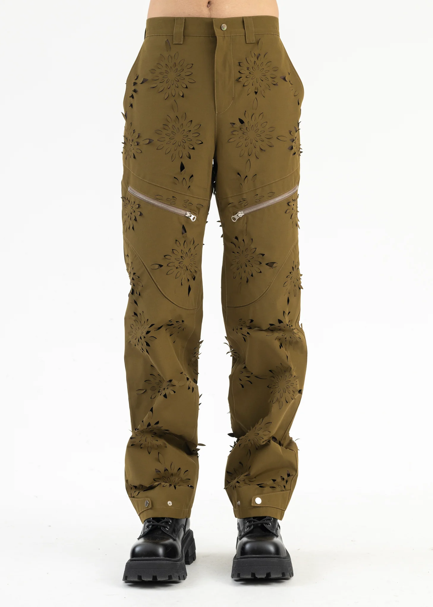 YELLOW-GREEN LASER-SLASHED FLOWER TROUSERS