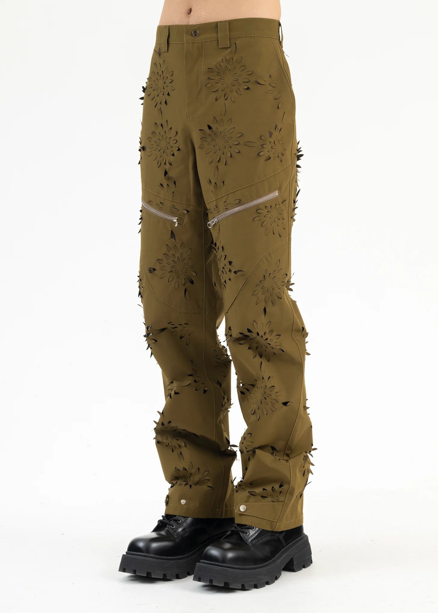 YELLOW-GREEN LASER-SLASHED FLOWER TROUSERS - Image 3