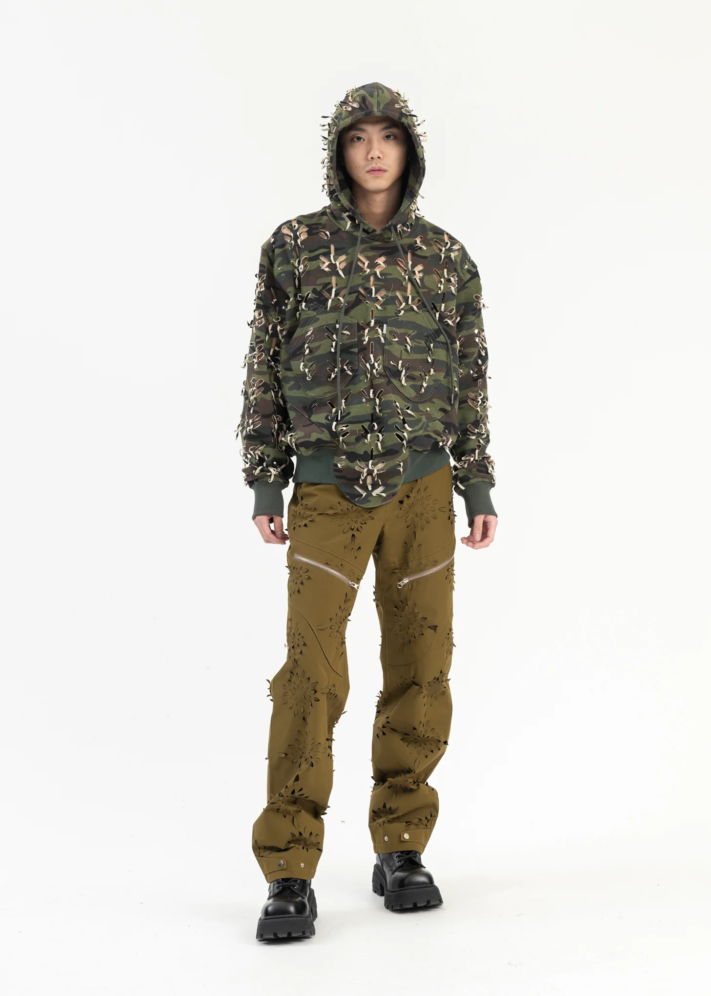 YELLOW-GREEN LASER-SLASHED FLOWER TROUSERS - Image 5