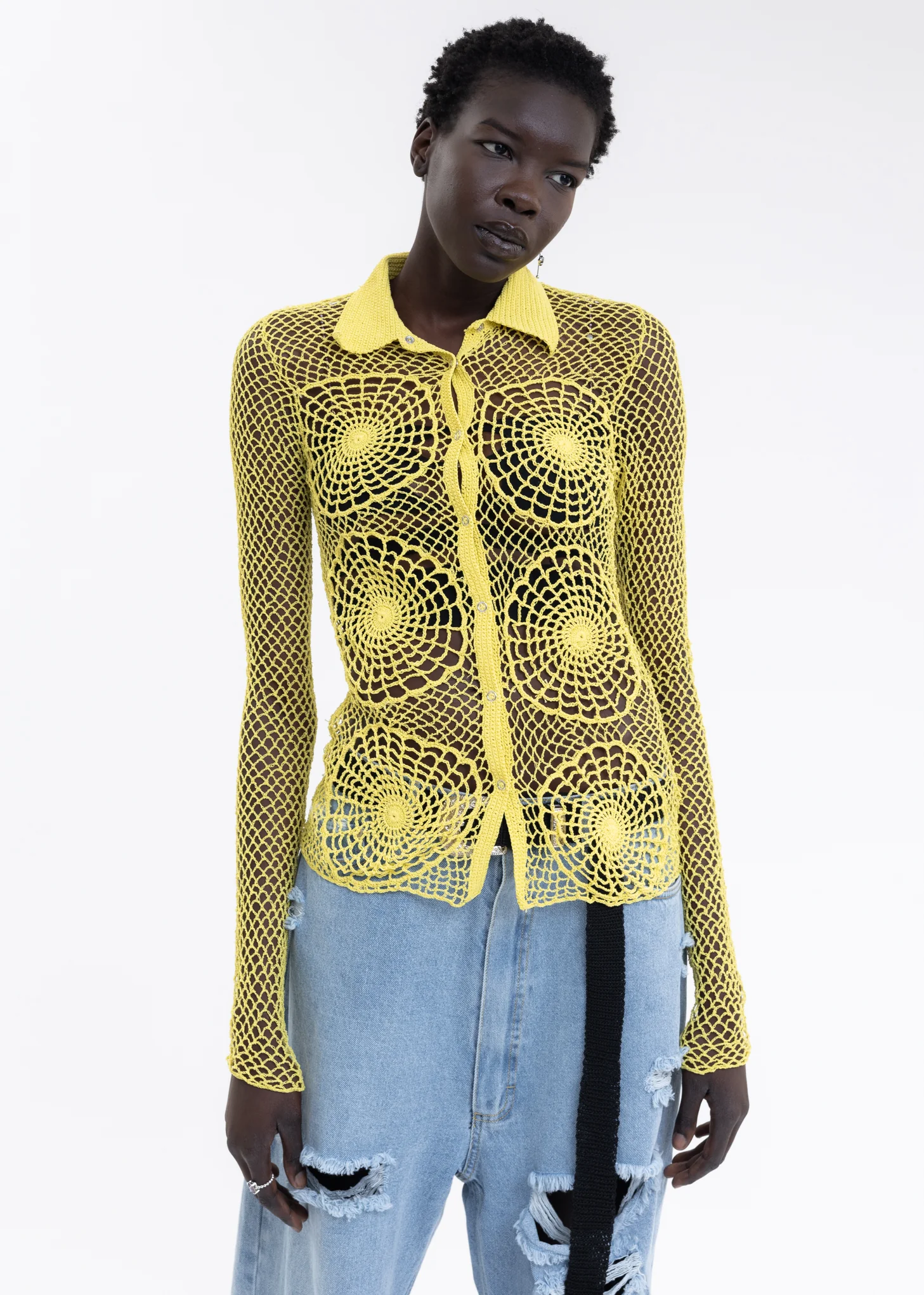 Yellow Hand Hook Hollow Woven Shirt