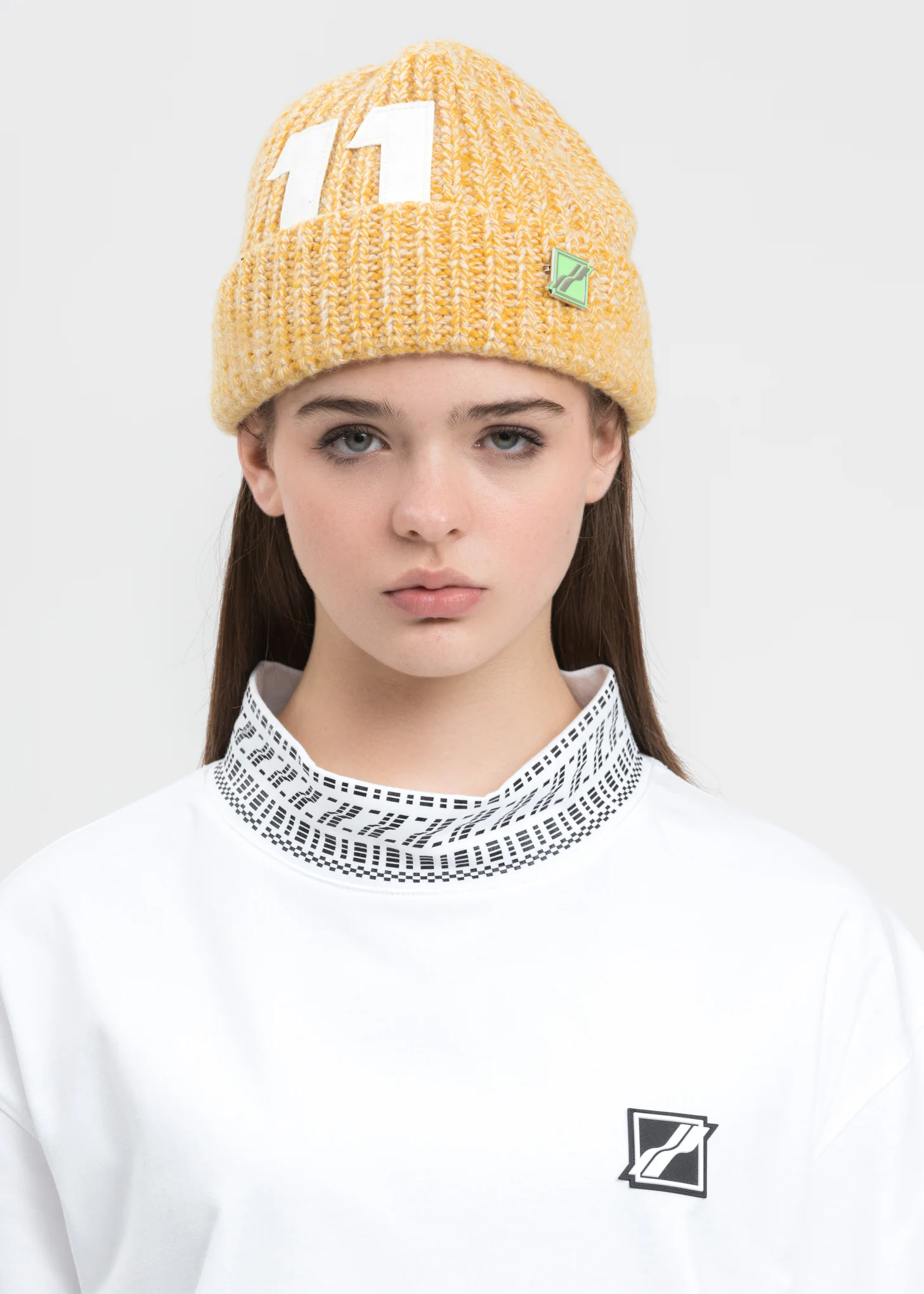 Yellow Logo Leather Patch Embroidered Beanie