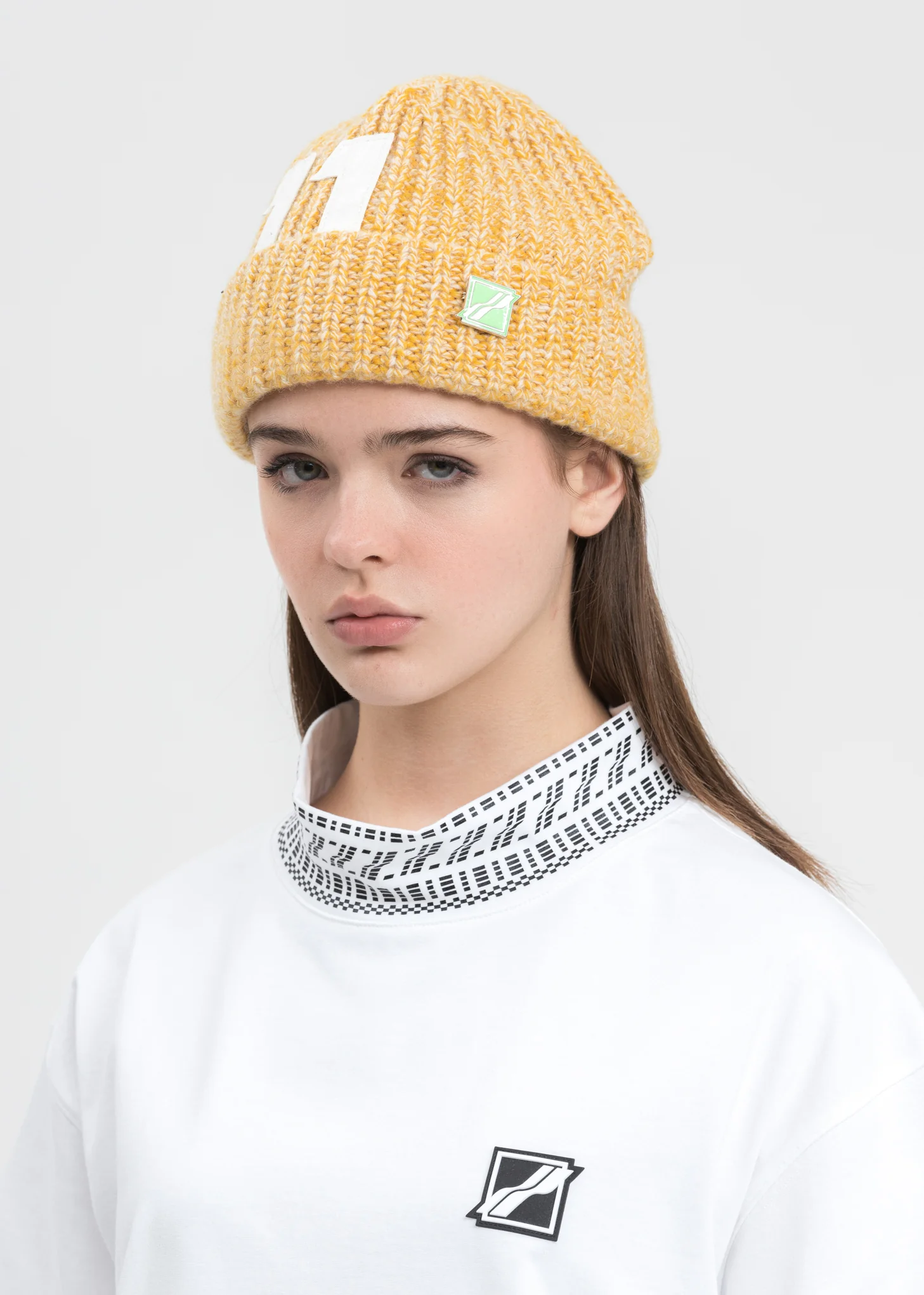 Yellow Logo Leather Patch Embroidered Beanie - Image 2
