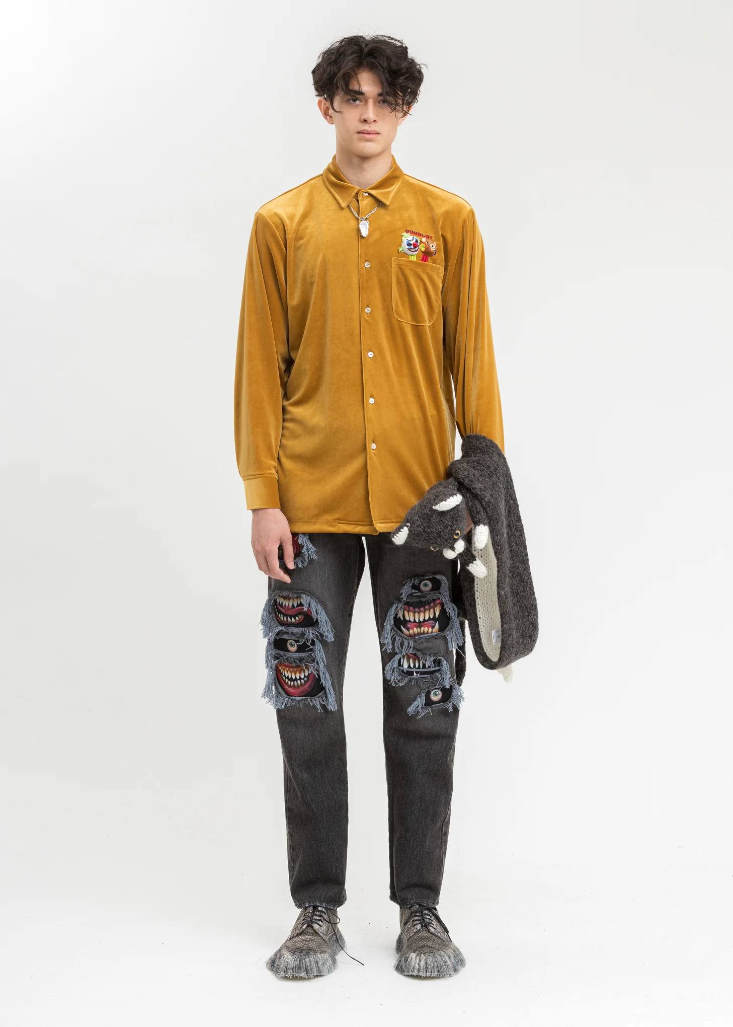 Yellow Puppet Embroidery Velour Shirts - Image 6