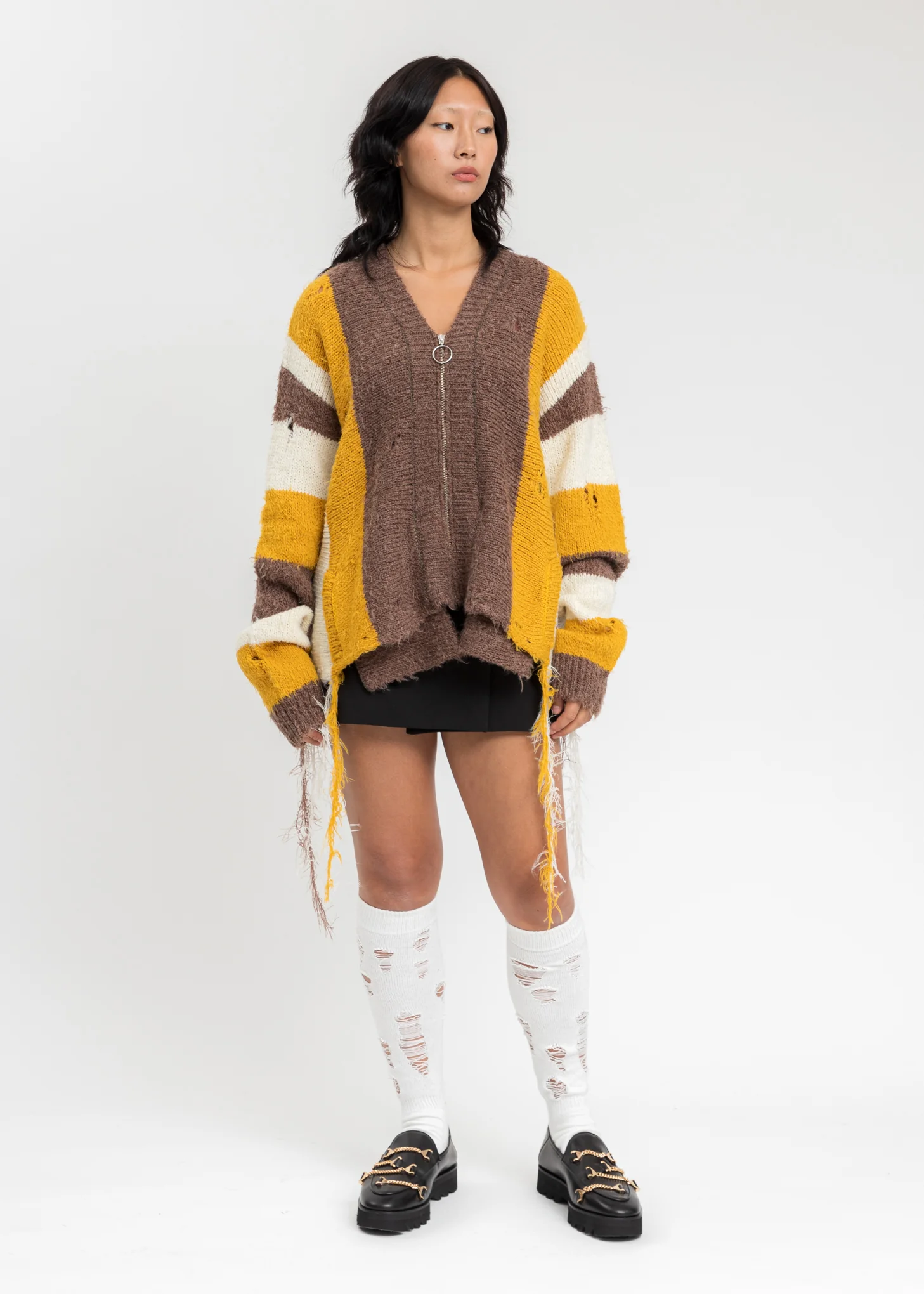 Yellow Zip Up Stripe Cardigan - Image 2