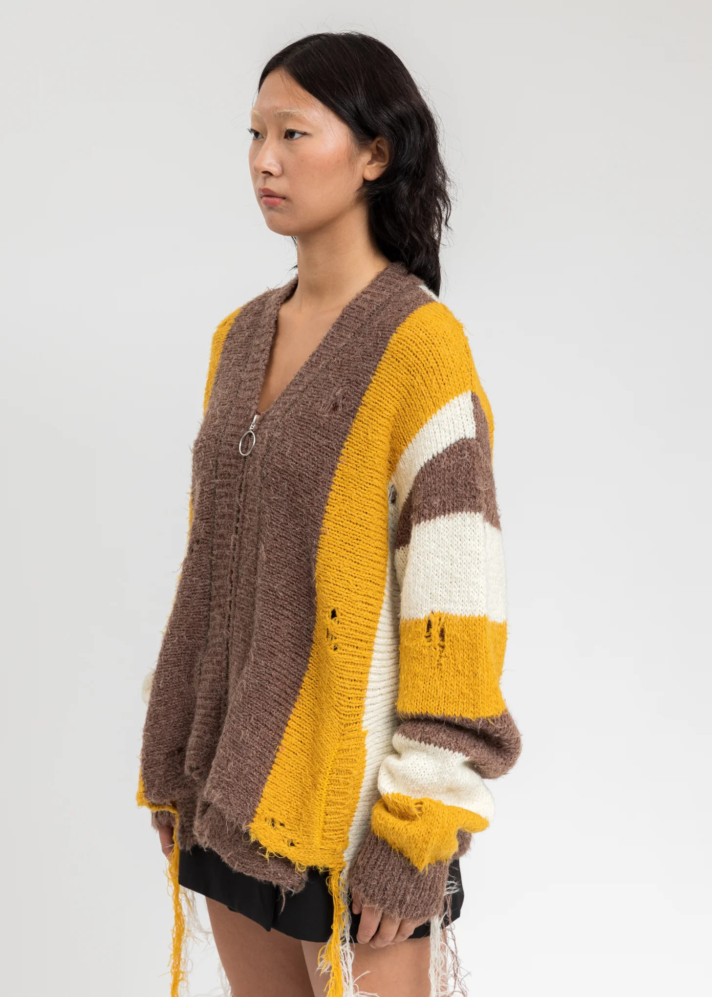 Yellow Zip Up Stripe Cardigan - Image 4